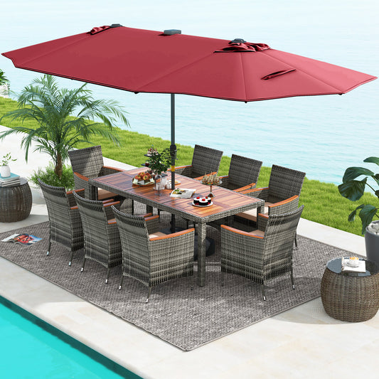11-Piece Patio Dining Set, 15-Foot Double-Sided Umbrella Base, Wine