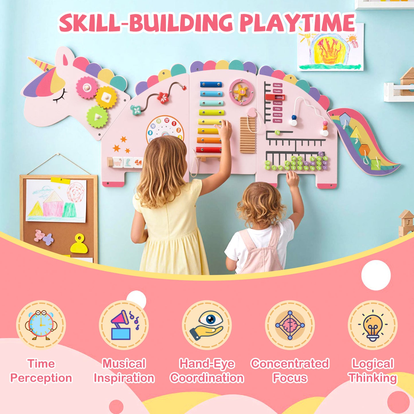 11-in-1 Dinosaur Busy Board, Toddler Activity Wall Panel, Pink Learning Toys at Gallery Canada