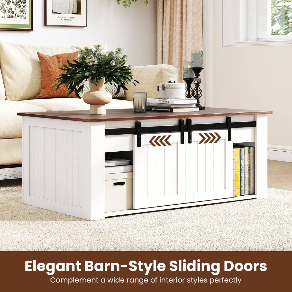 Table basse à dessus relevable de 120 cm, portes de grange, blanc
