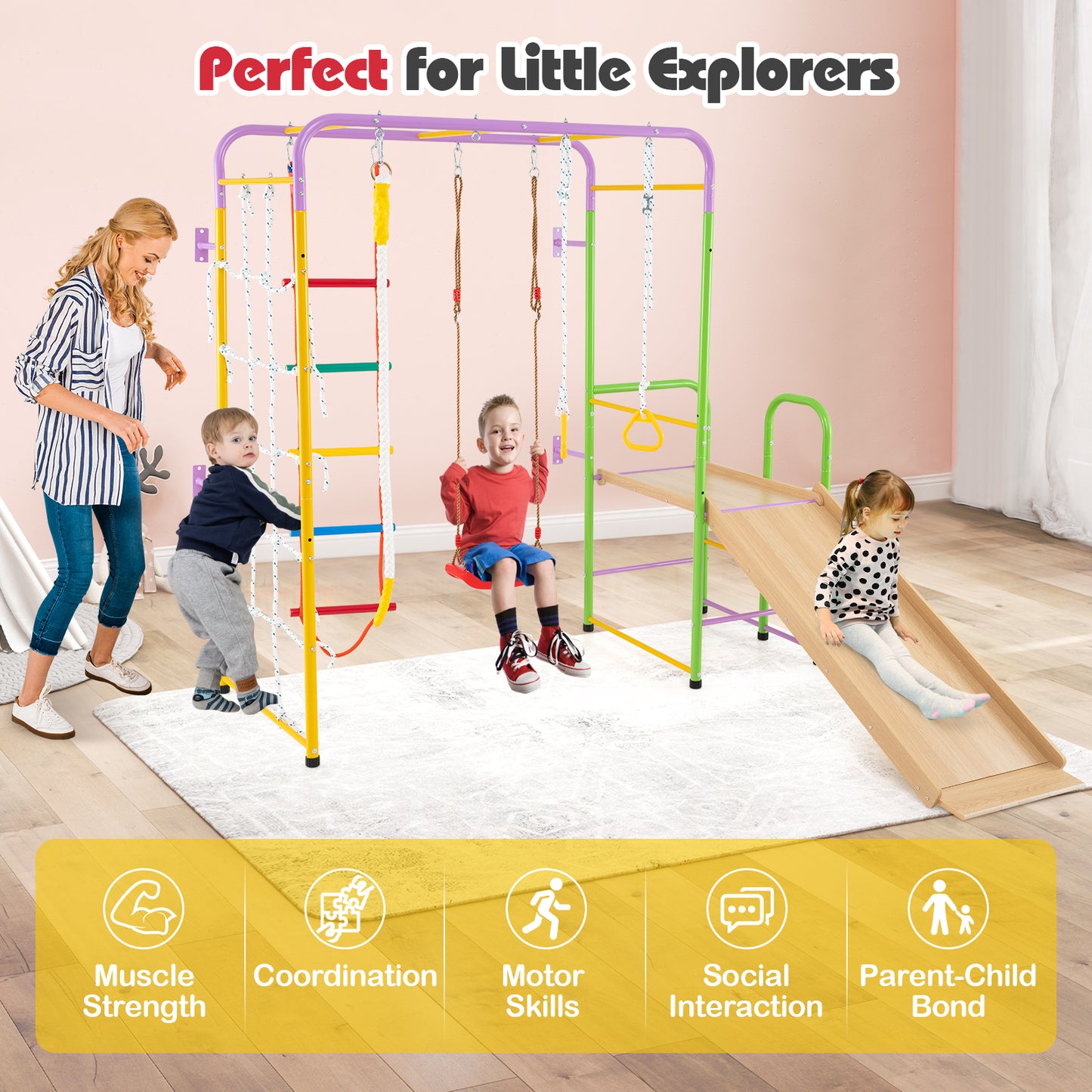 Metal Indoor Jungle Gym, 8-in-1 Climbing Playset, Monkey Bars, Multicolor Climbers & Slides at Gallery Canada