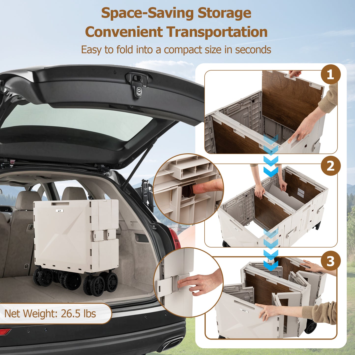 Large Foldable Utility Cart, 2-Tier Storage Crates, Telescoping Handle, White Camping Furniture at Gallery Canada