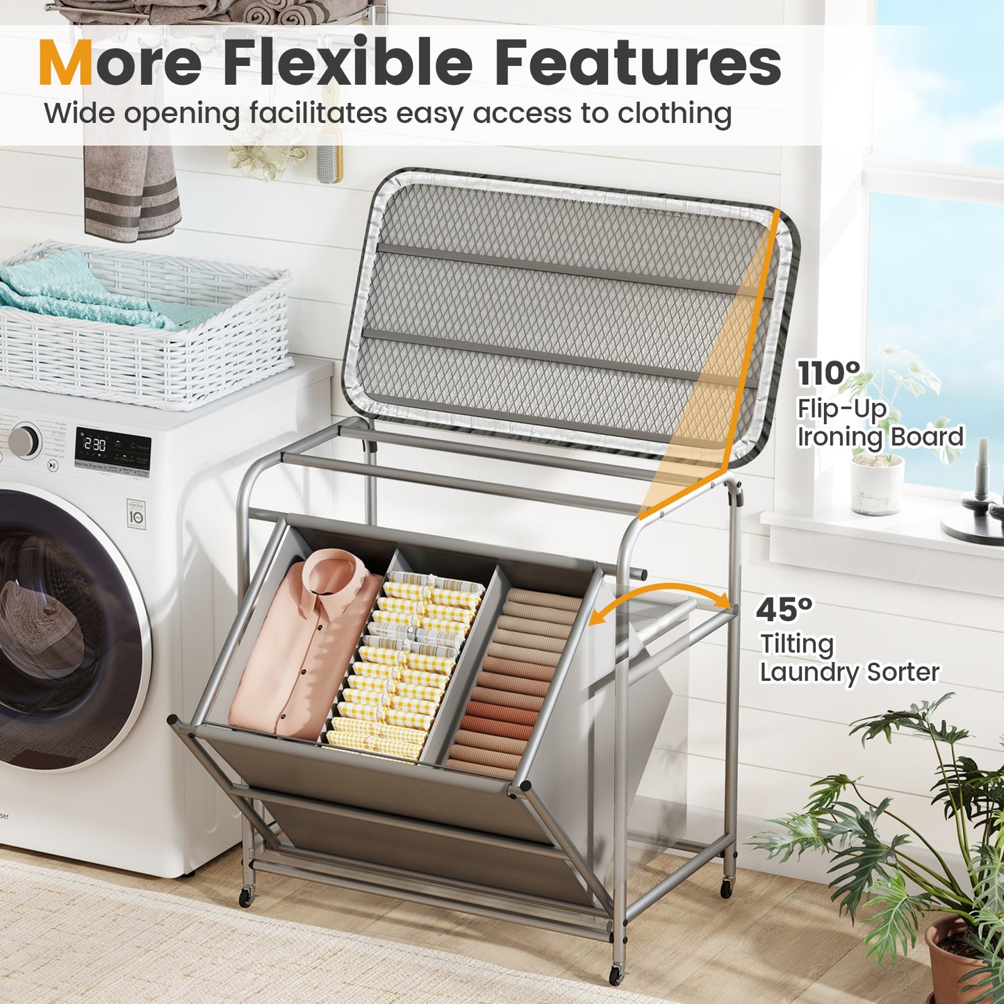 3-Section Laundry Sorter, Foldable Ironing Board, Lockable Wheels, Gray Laundry Baskets at Gallery Canada