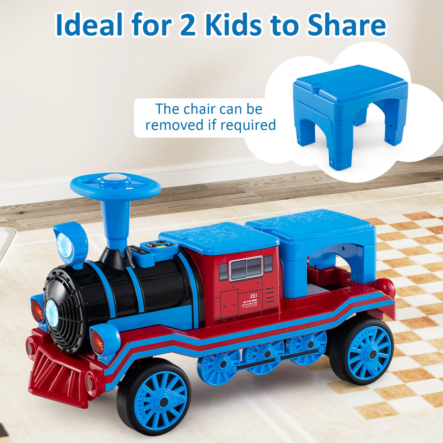 12V 2-Seater Ride on Toy with Train Whistle and Removable Chair, Blue Powered Ride On Toys at Gallery Canada