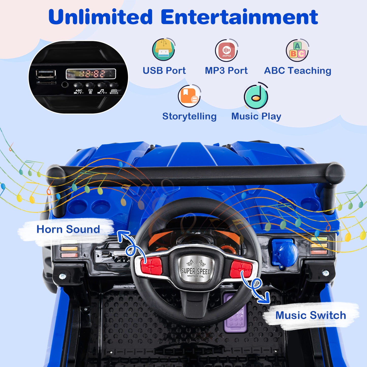 12V Battery Powered Electric Vehicle, Remote Control, 3 Speeds, Blue Powered Ride On Toys at Gallery Canada