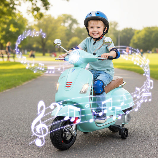 12V Kids Electric Motorcycle Licensed VESPA with Music and Training Wheels, Green Powered Ride On Toys Green at Gallery Canada
