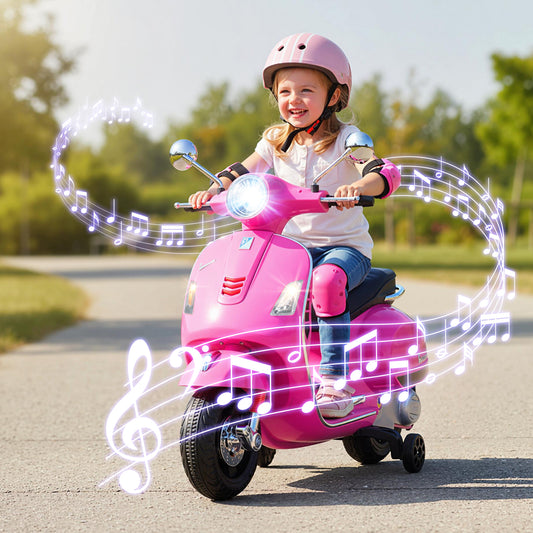 12V Kids Electric Motorcycle Licensed VESPA with Music and Training Wheels, Pink Powered Ride On Toys Pink at Gallery Canada