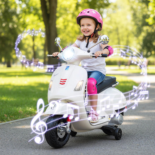 12V Kids Electric Motorcycle Licensed VESPA with Music and Training Wheels, White Powered Ride On Toys White at Gallery Canada