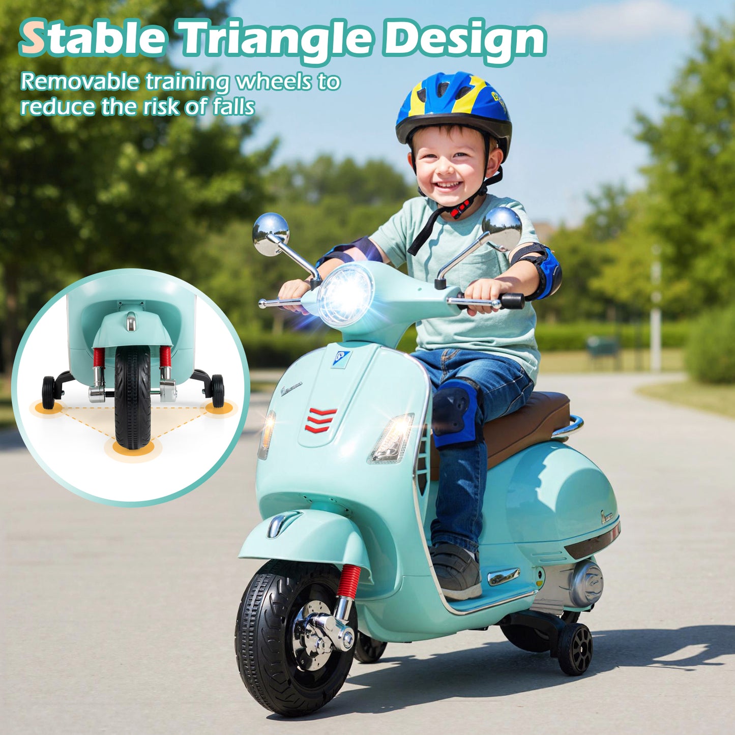 12V Kids Electric Motorcycle Licensed VESPA with Music and Training Wheels, Green Powered Ride On Toys at Gallery Canada