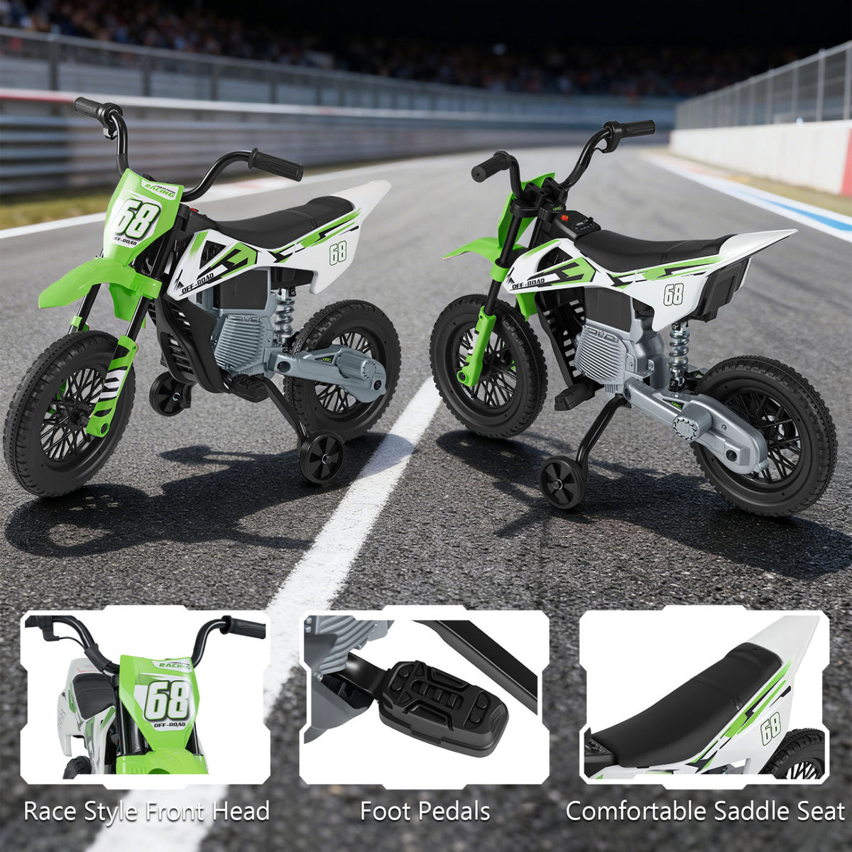 Moto électrique pour enfants 12V, roues d'entraînement détachables, musique, vert