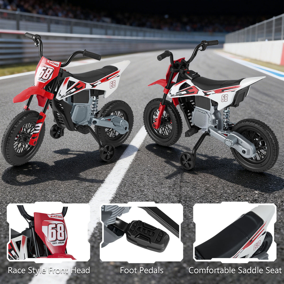 Moto électrique pour enfants 12V, roues d'entraînement détachables, musique, rouge
