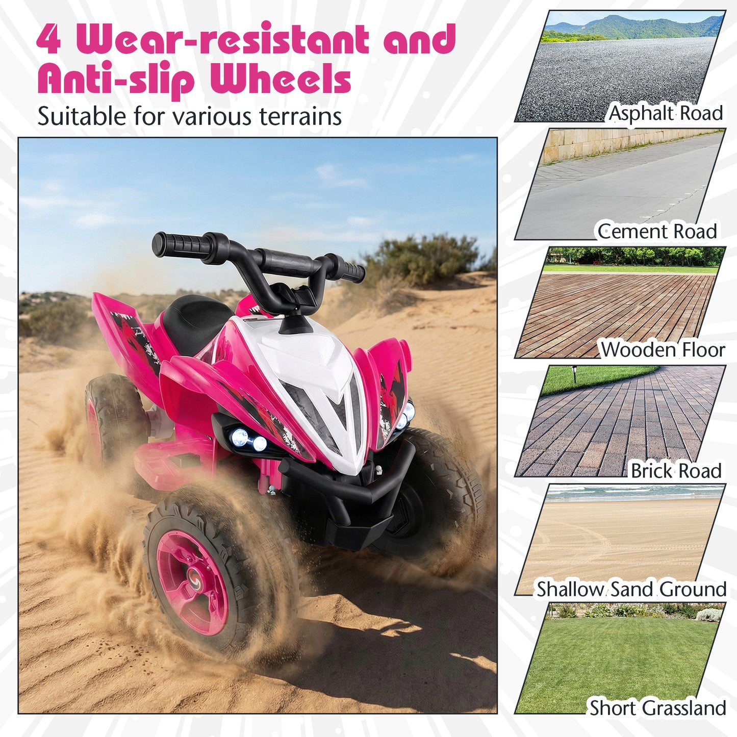 12V Kids Ride On ATV 4-Wheeler Quad with LED Lights and 7 mph Max Speed, Pink Powered Ride On Toys at Gallery Canada