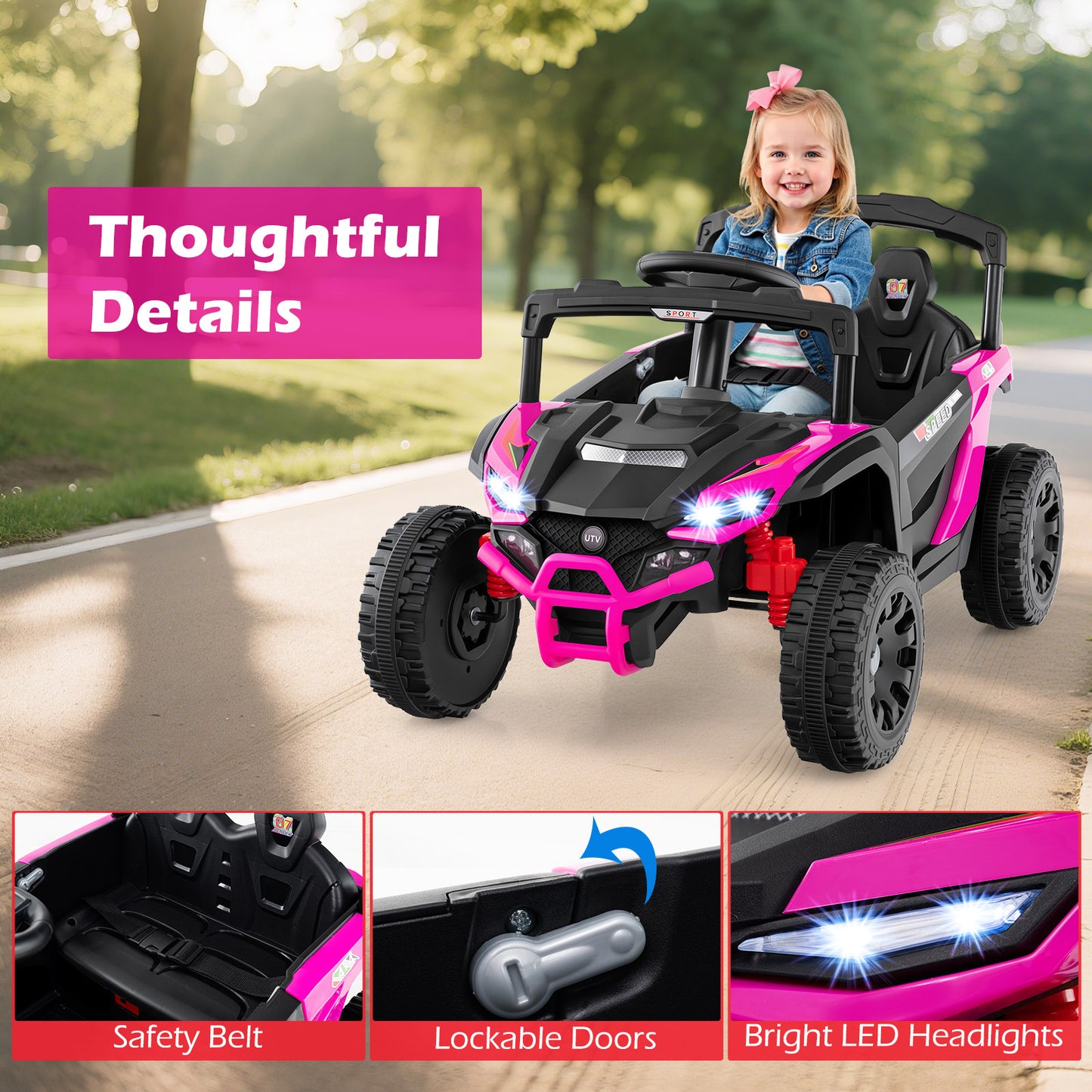 12V Kids Ride On Car, UTV Electric Vehicle, LED Lights, Music, Horn, Hot Pink Powered Ride On Toys at Gallery Canada