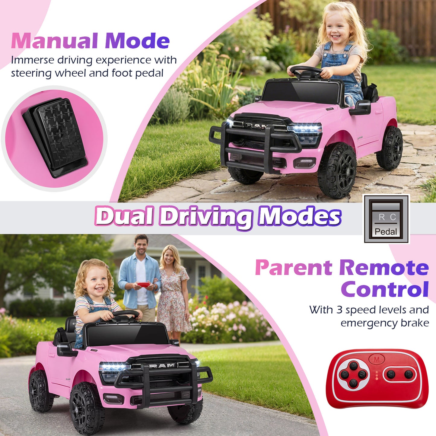 12V Kids Ride On Car Licensed RAM 3500 Electric Vehicle with Remote Control, Pink Powered Ride On Toys at Gallery Canada