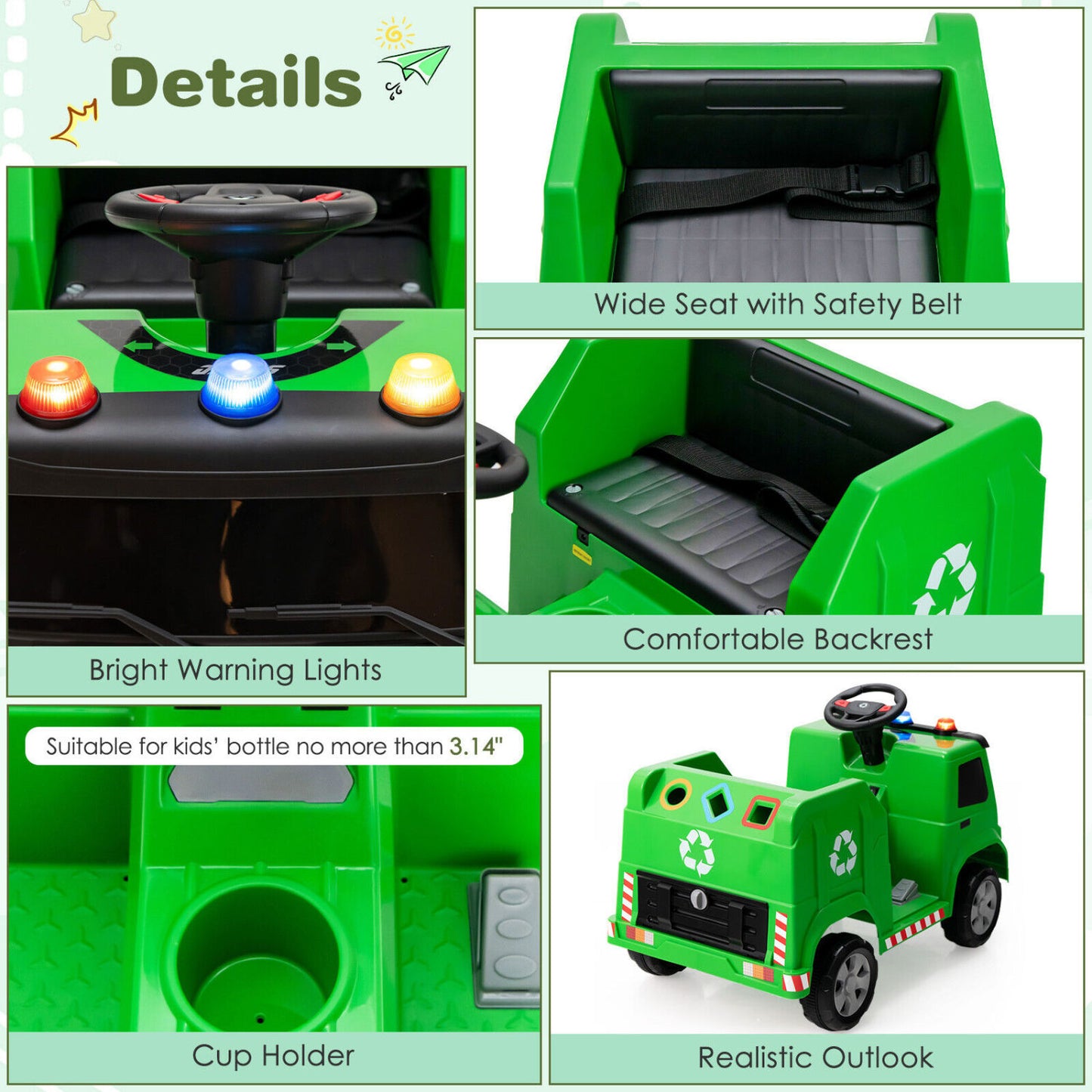 12V Kids Ride-On Garbage Truck, With Warning Lights And 6 Recycling Accessories, Green Powered Ride On Toys at Gallery Canada