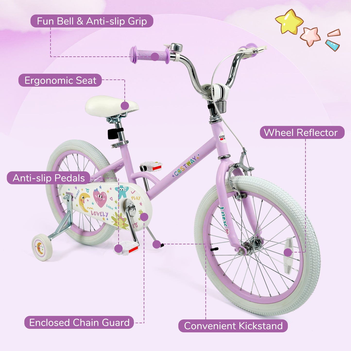 12/14/16/18 Inch Kids Bike Adjustable for 3-8 Years Old Children Purple - Stars & Moon-18 inches, Purple Kids Bike at Gallery Canada