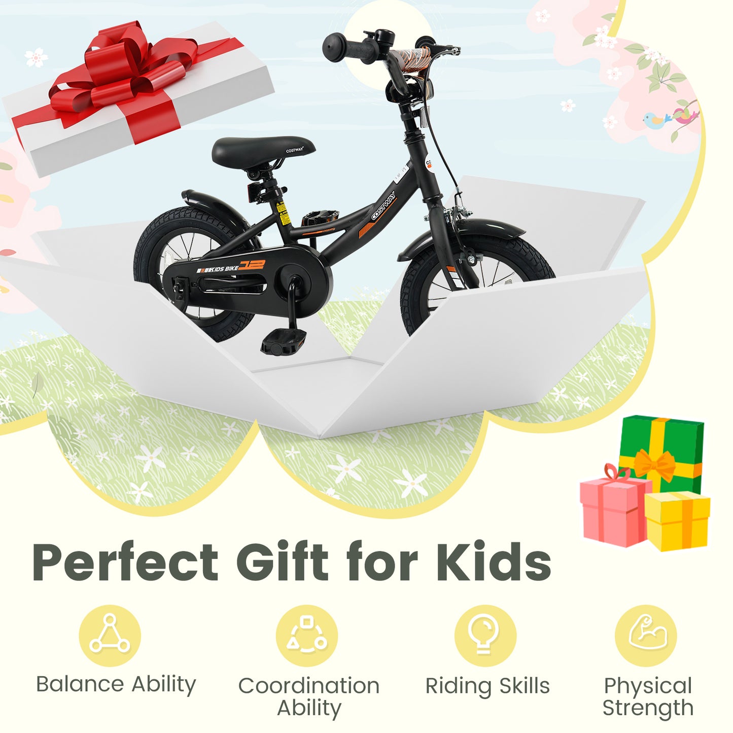 12 Inch Kids Bike, Removable Training Wheels, Adjustable Seat, Black Kids Bike at Gallery Canada