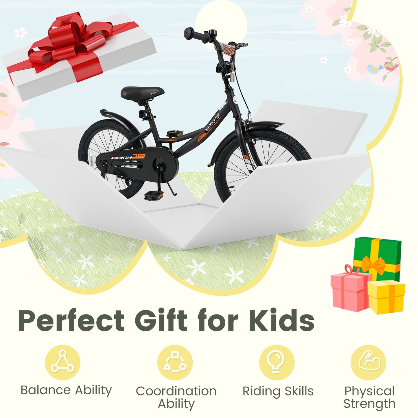 18 Inch Kids Bike, Removable Training Wheels, Adjustable Seat, Black Kids Bike at Gallery Canada
