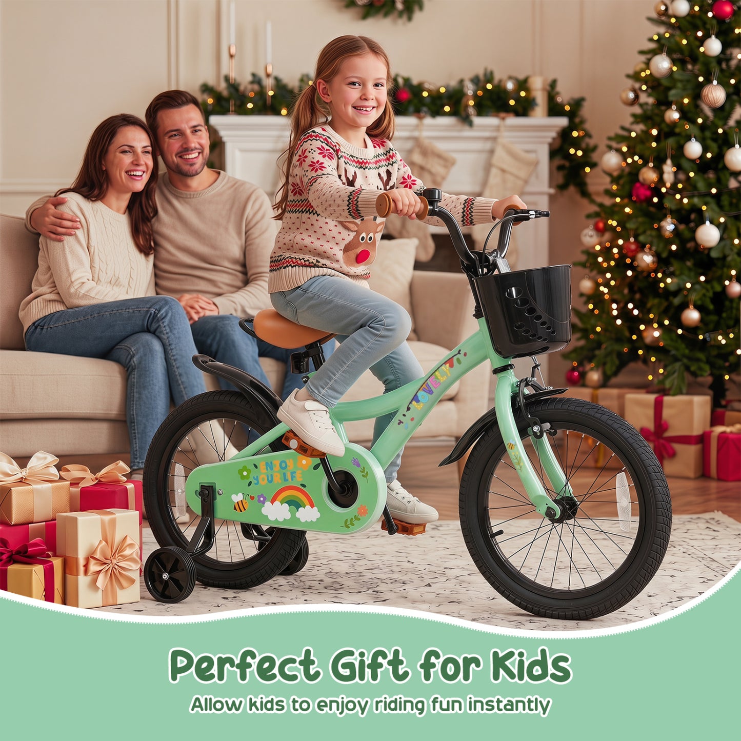 Vélo de fille 18 pouces avec panier, âges 3-8, vert