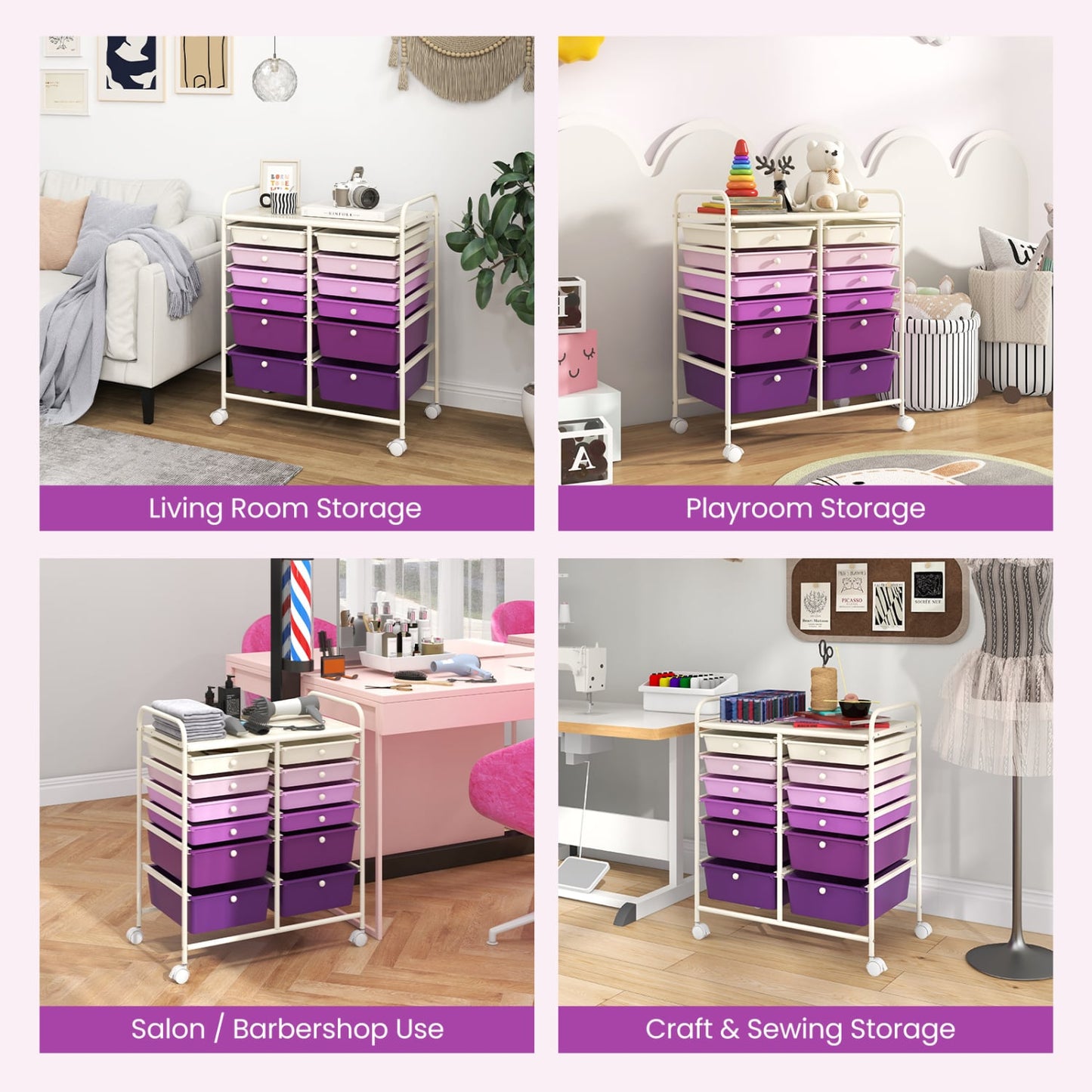 12-Drawer Rolling Storage Cart, Removable Drawers, Lockable Wheels, Purple File Cabinets at Gallery Canada