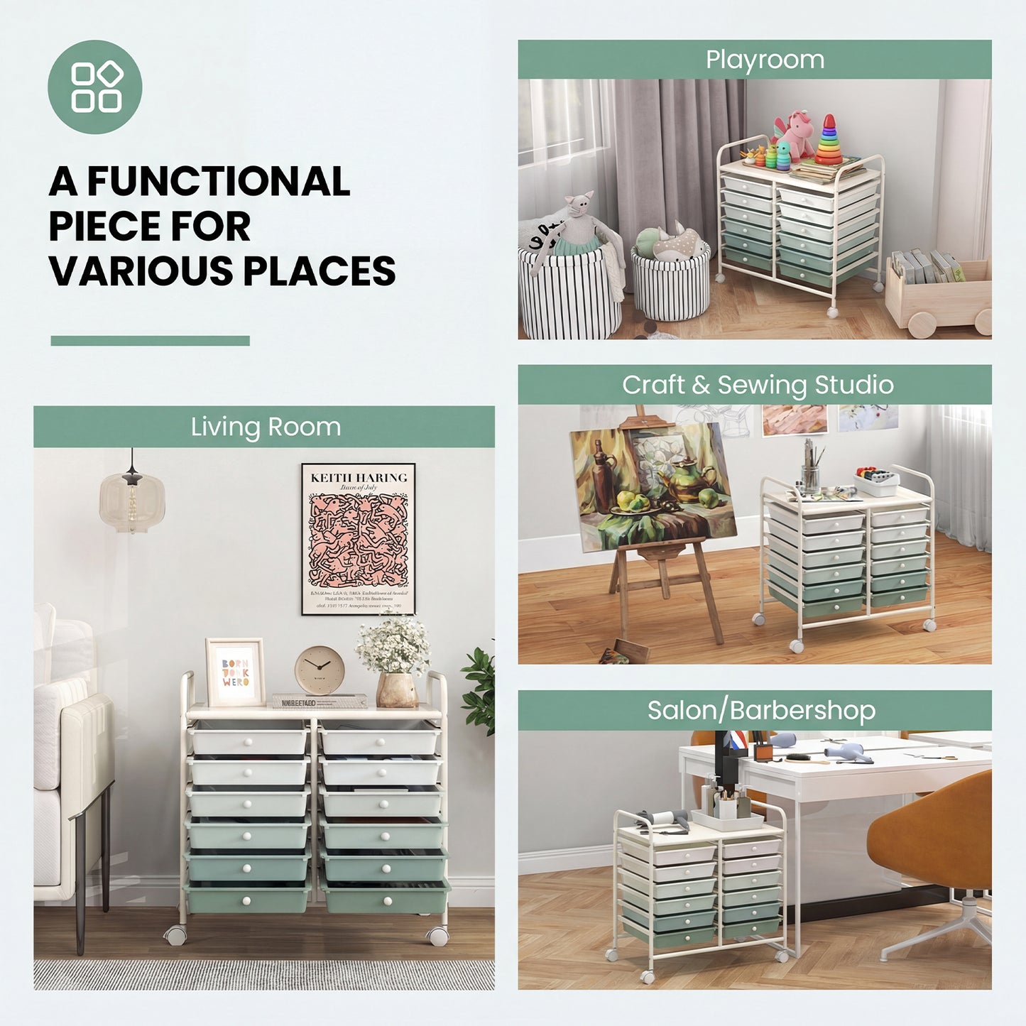 12 Drawers Rolling Storage Cart, Green Gradient File Cabinets at Gallery Canada