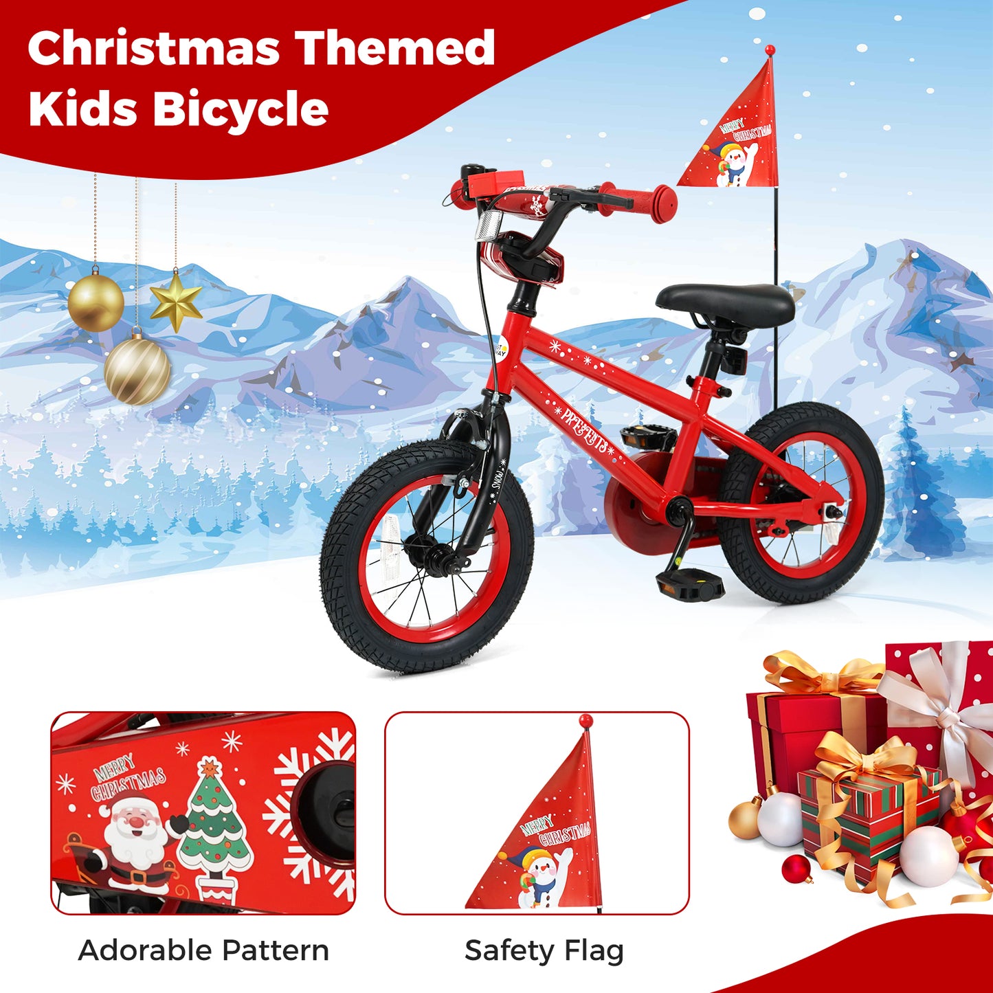 12 Inch Kids Bike Adjustable with Christmas Music & Flag for Aged 3-5 Years Old, Red