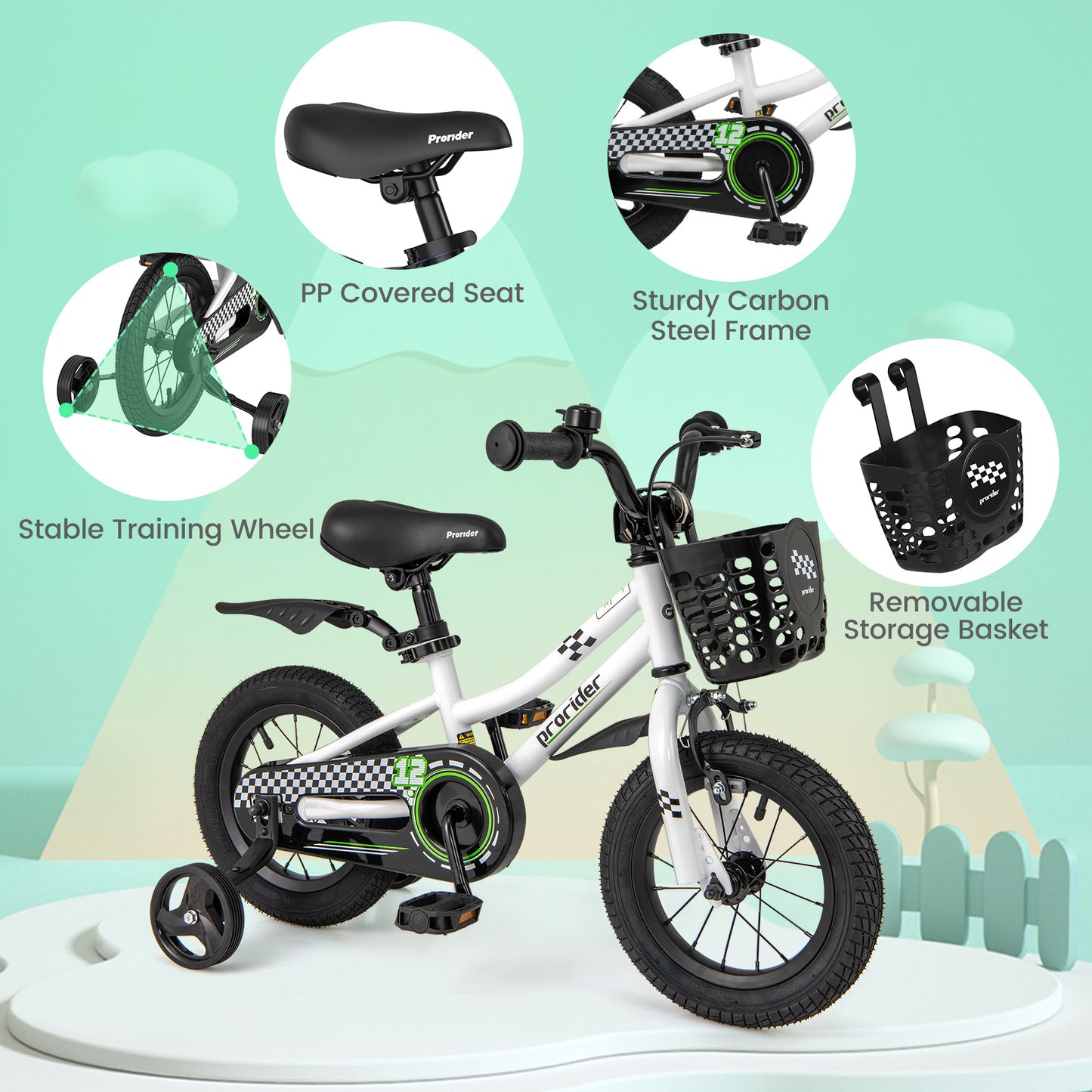 Vélo pour enfants de 12 pouces avec roues stabilisatrices, pour 3-4 ans, blanc