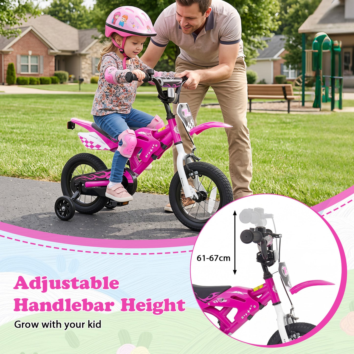 12 Inch Kids Bike Motorcycle-Style for Ages 3-4, Pink