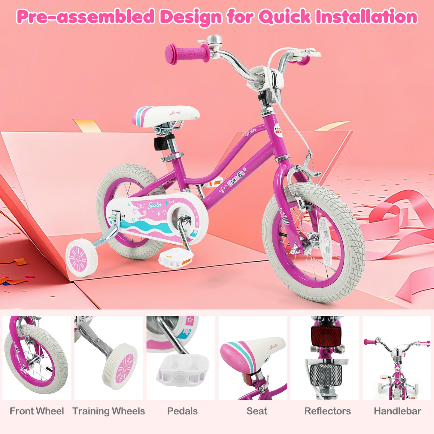12 Inch Kids Bike, Adjustable Handlebar, Pink Starlight Wave Kids Bike at Gallery Canada