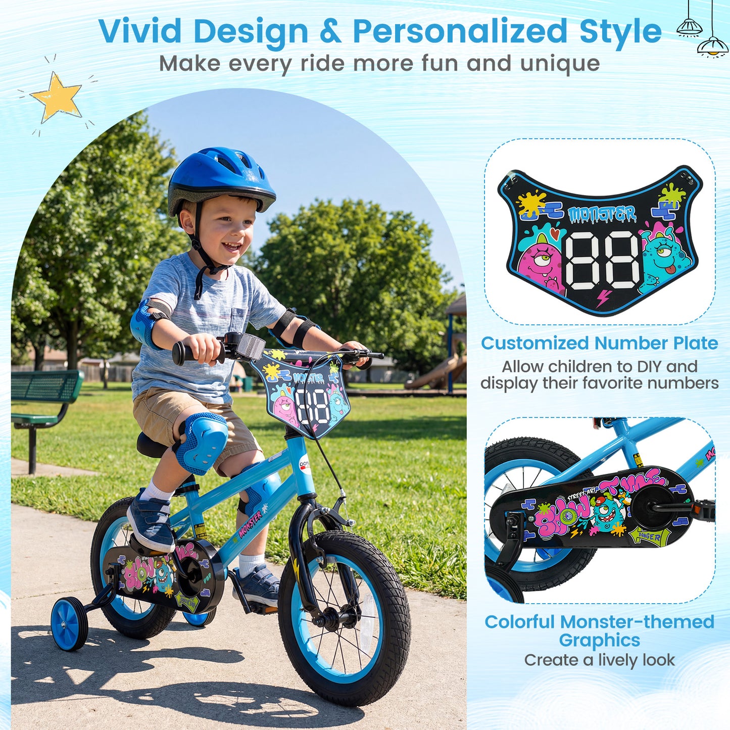 12 Inch Kids Bike with Training Wheels for Ages 3-8 Years Old Blue- Street Art Time, Blue Kids Bike at Gallery Canada