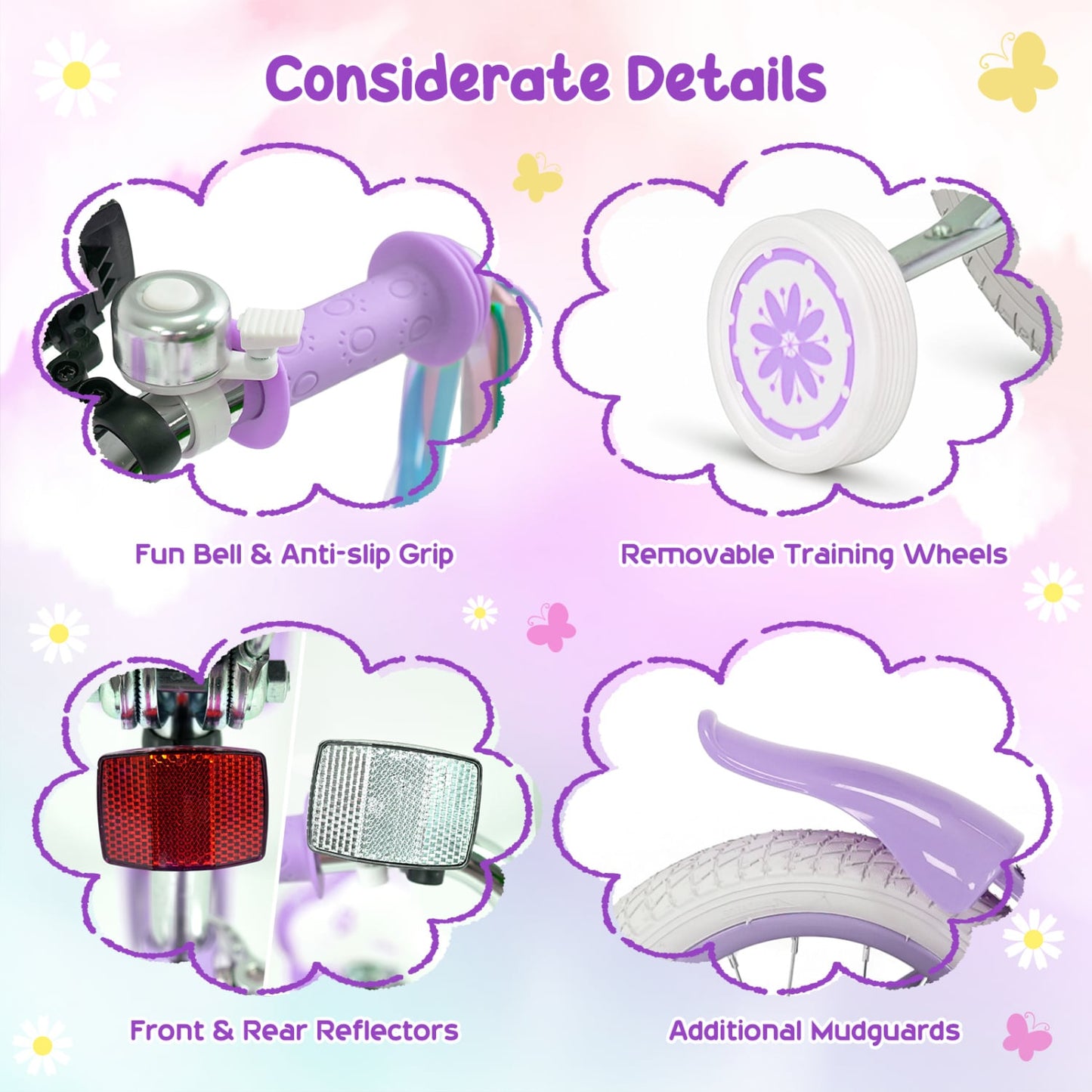 Vélo de fille 12 pouces avec sac avant, streamers, violet