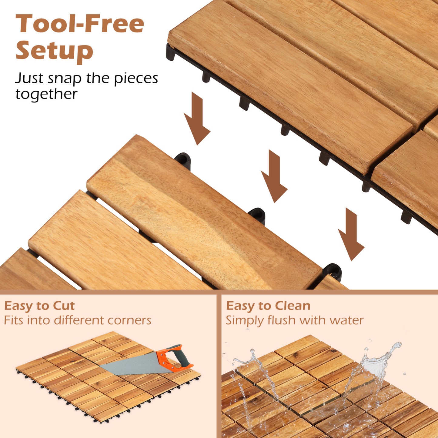 12 x 12 Inch 54 Pieces Acacia Wood Interlocking Deck Tiles with Waterproof Design, Natural Decorative Fencing & Flooring at Gallery Canada