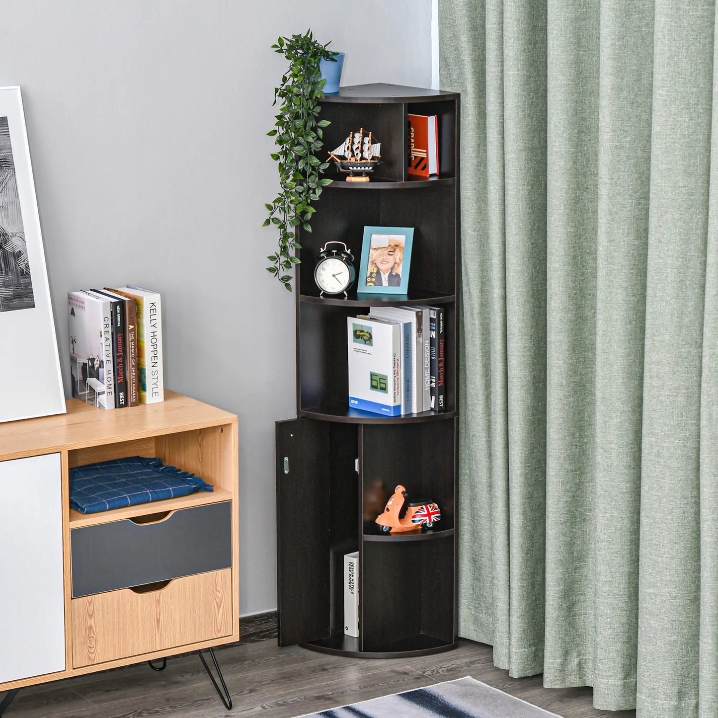 5-Tier Corner Bookcase, Storage Bookshelf, Open Compartments, Cabinet, Black Bookcases With Doors at Gallery Canada