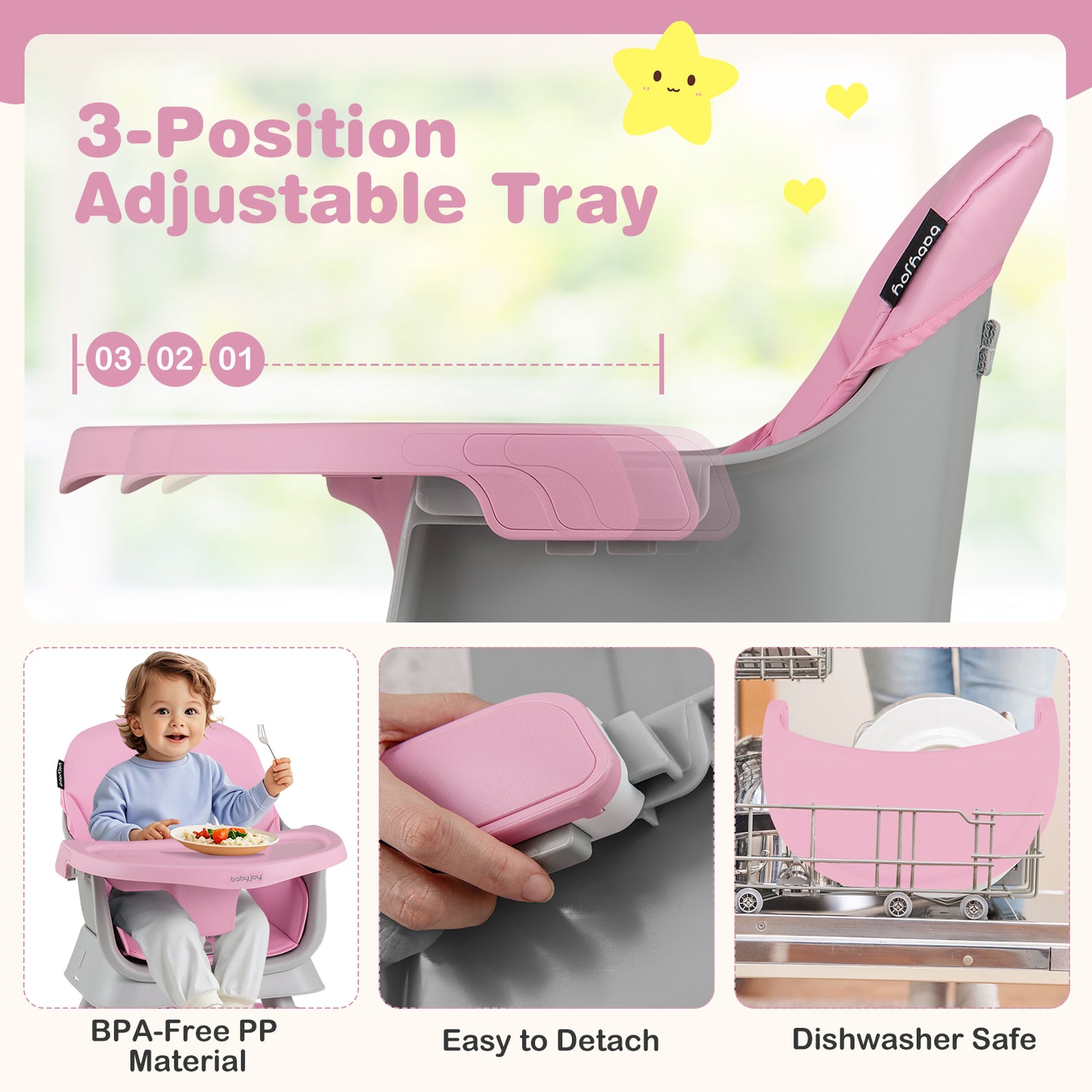 Chaise haute bébé 16-en-1 avec centre d'activités, siège rehausseur, Rose