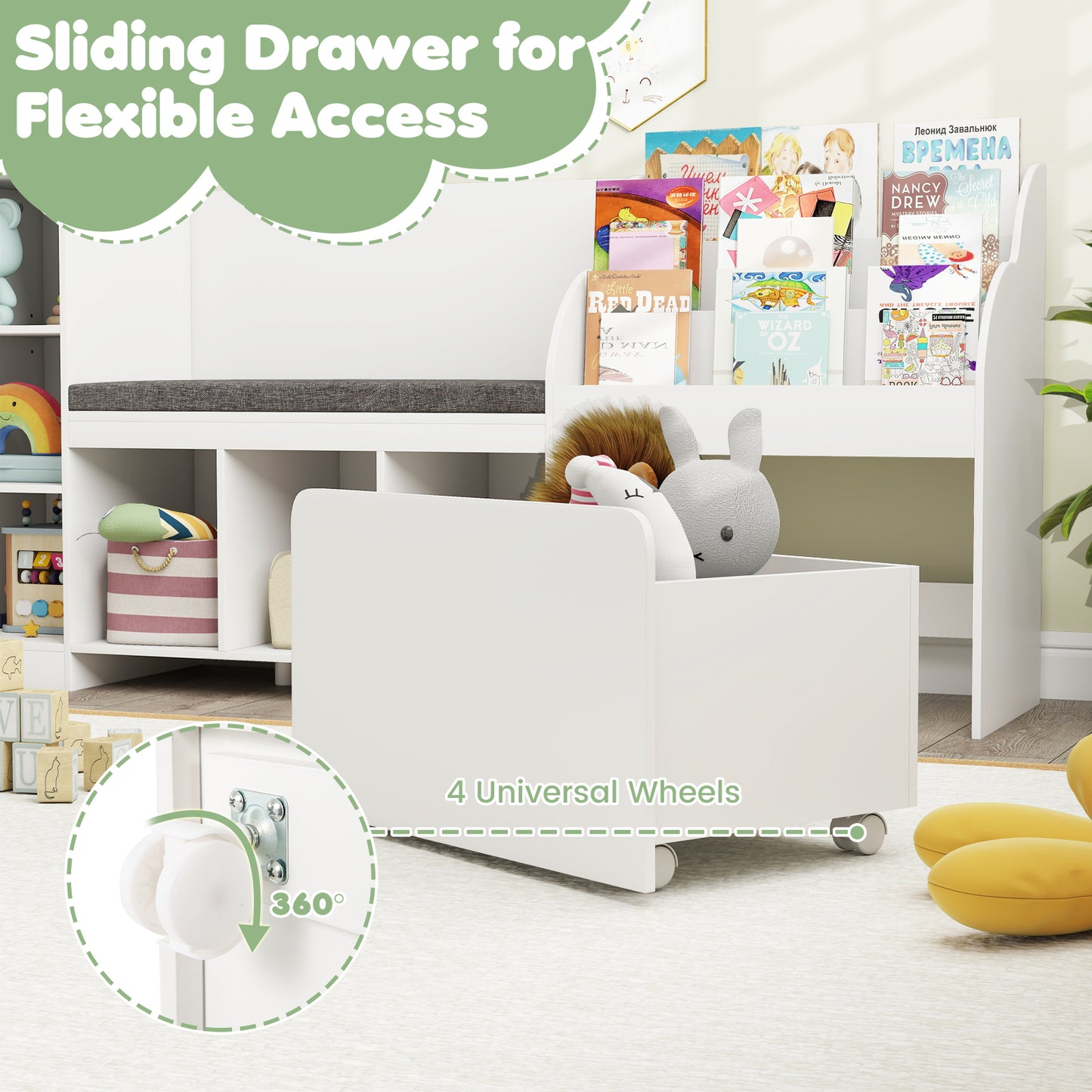 Kids Bookcase With Reading Nook, 4-in-1 Toy Organizer, White Kids Storage at Gallery Canada