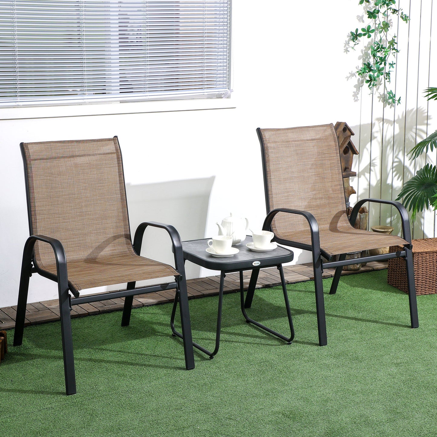 Outdoor Bistro Set of 3, 3 Piece Patio Set with Breathable Mesh Fabric, Stackable Chairs and Square Table, Brown at Gallery Canada