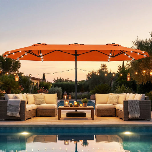 13FT Double-Sided Patio Umbrella With Solar Lights, Orange Outdoor Umbrellas Orange at Gallery Canada