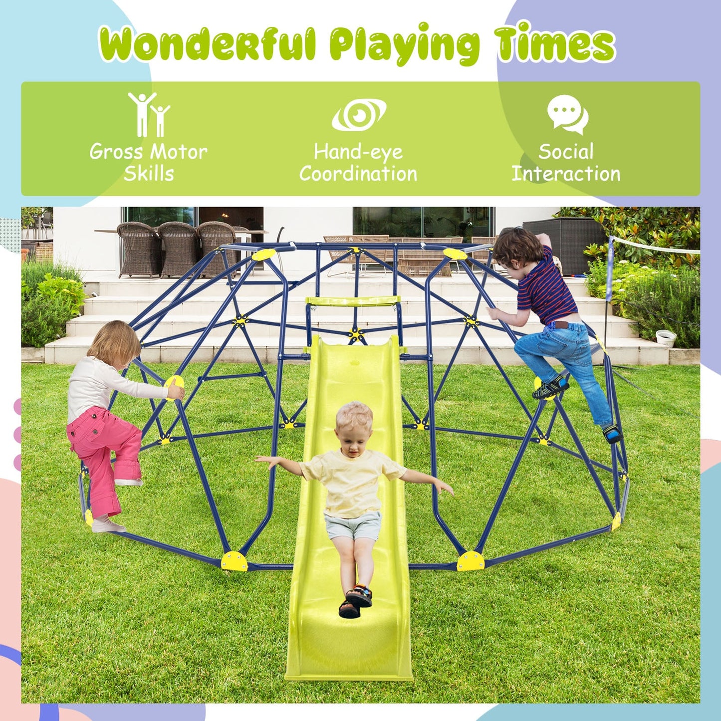13.3 FT Geometric Dome Climber, With Slide And Platforms, Multicolor Climbers & Slides at Gallery Canada
