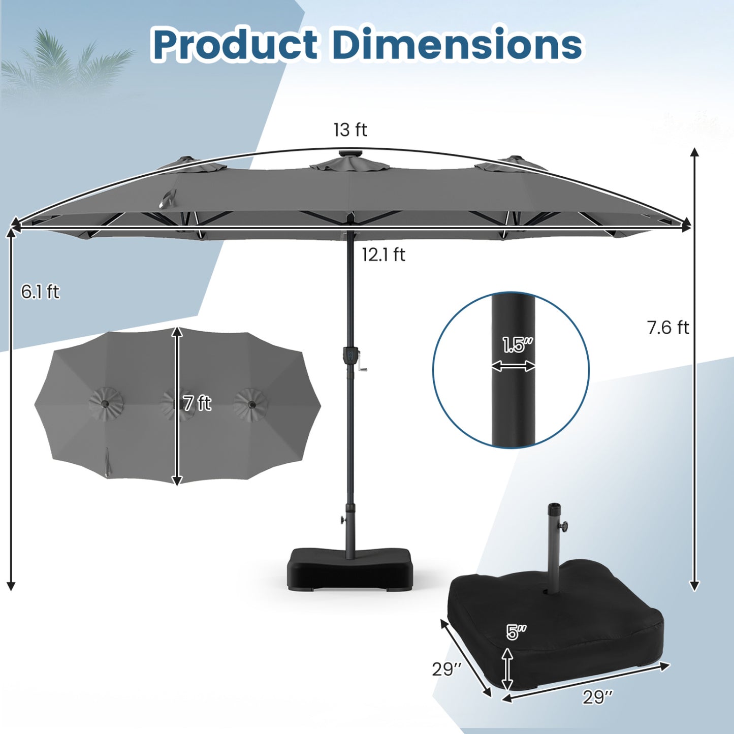 13 Ft Double-Sided Patio Umbrella With 108 LED Lights, Gray