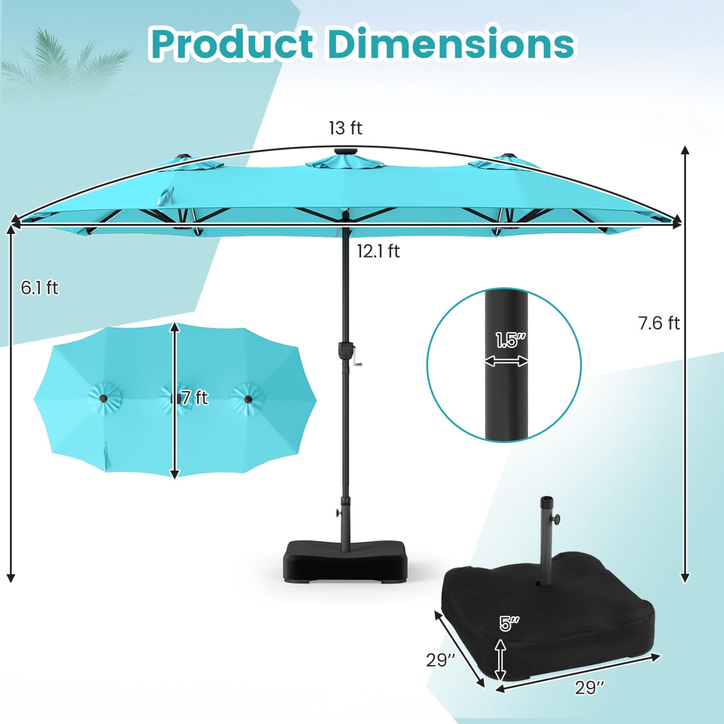 13 FT Double-Sided Patio Umbrella With 108 LED Lights, Turquoise