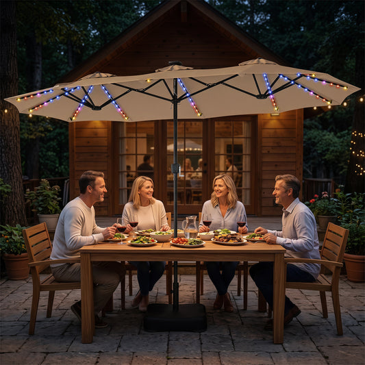 13 FT Double-Sided Patio Umbrella with 108 LED Lights and Base Included, Tan Outdoor Umbrellas Tan at Gallery Canada