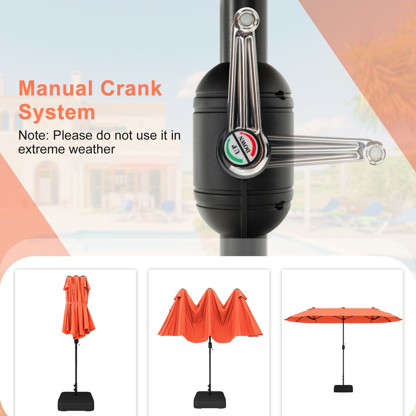 13 Feet Double-Sided Patio Umbrella, Crank Handle, Orange