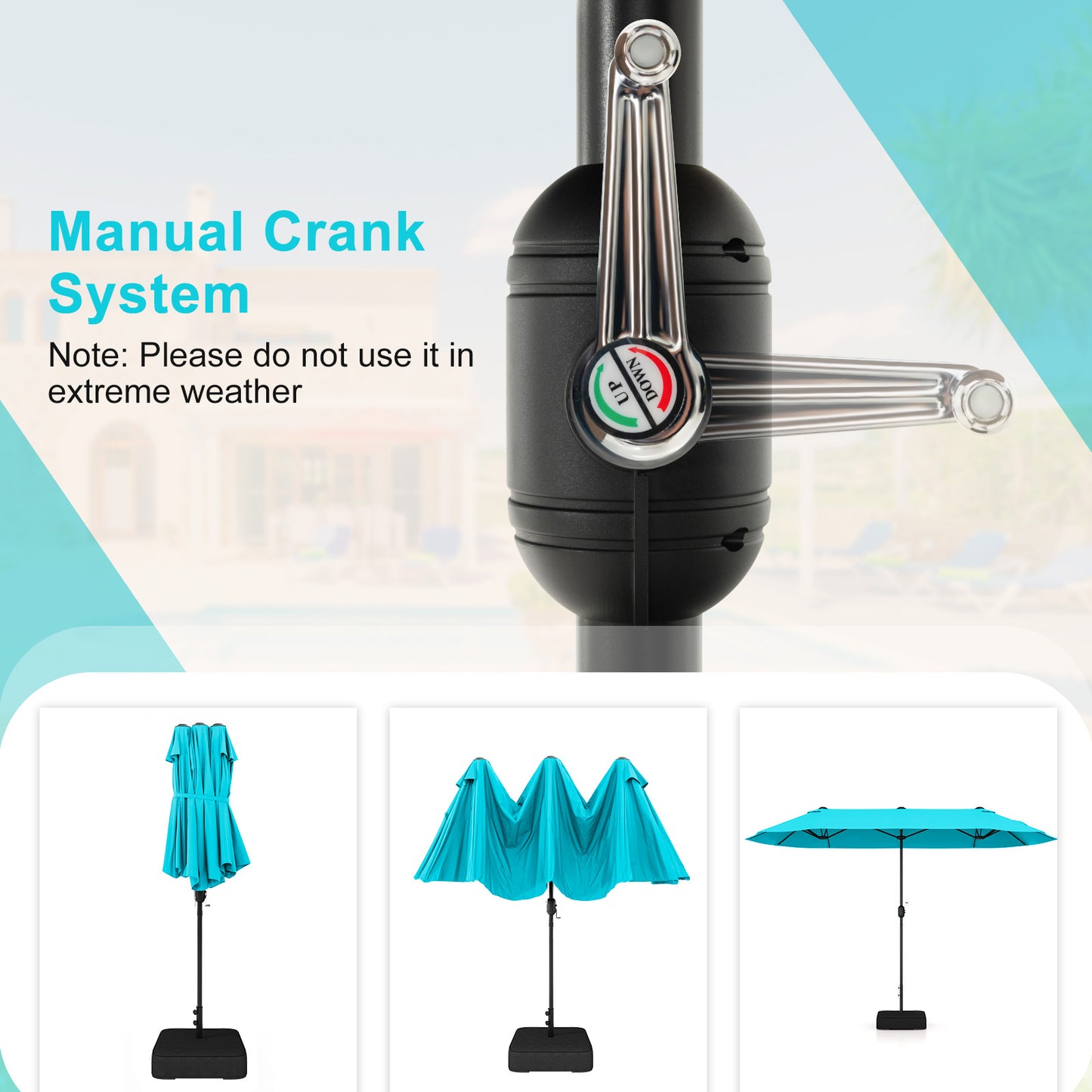 13 Feet Double-Sided Patio Umbrella, With Crank Handle, Turquoise
