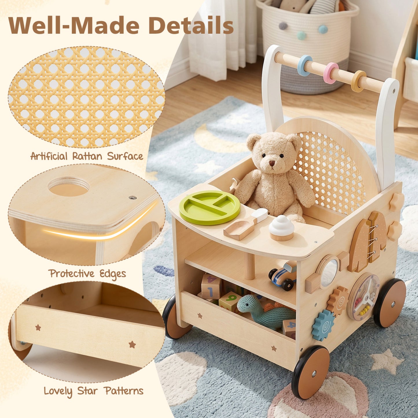 13-In-1 Toddler Wooden Push Walker, Wheels, Storage