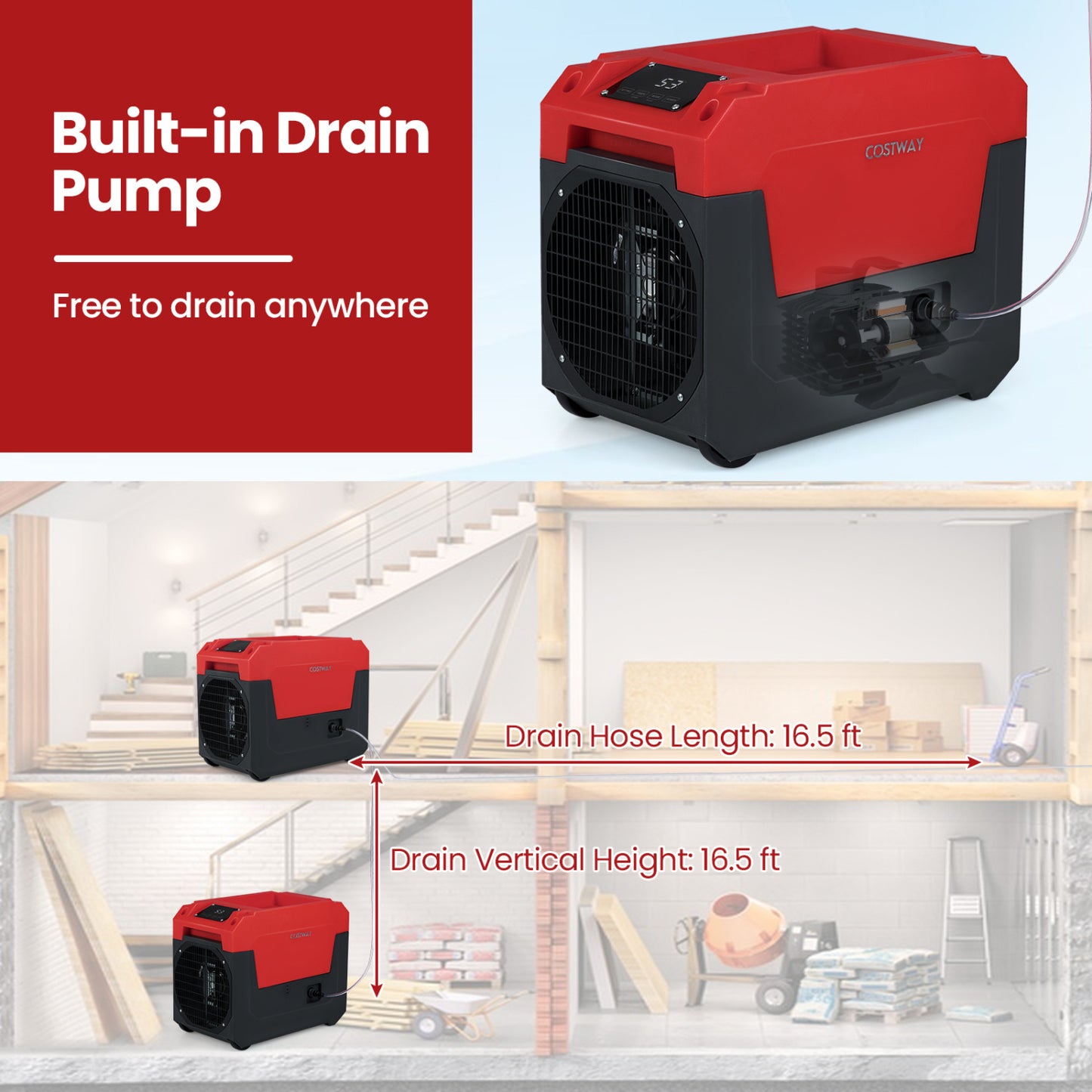 140 Pints Commercial Dehumidifier With Pump, Drain Hose, Red Dehumidifiers at Gallery Canada