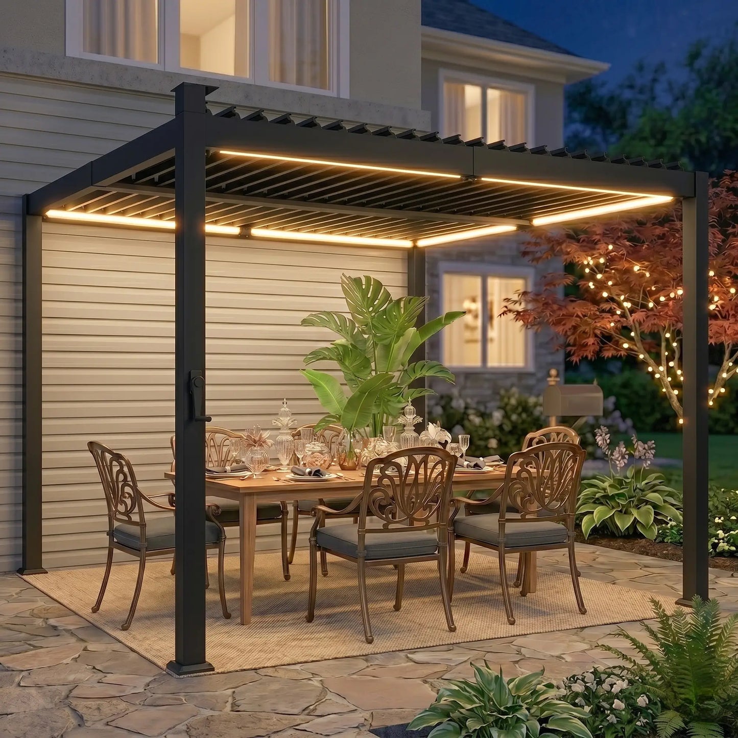 10 x 10 ft Louvered Pergola with Solar LED lights, Metal Roof, Outdoor Pergola Gazebo with Drainage Gutters, Black Pergolas at Gallery Canada