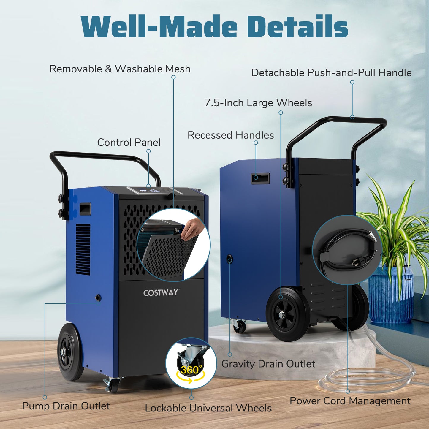 154 Pints Commercial Dehumidifier With Pump, Drain Hoses, Blue Dehumidifiers at Gallery Canada