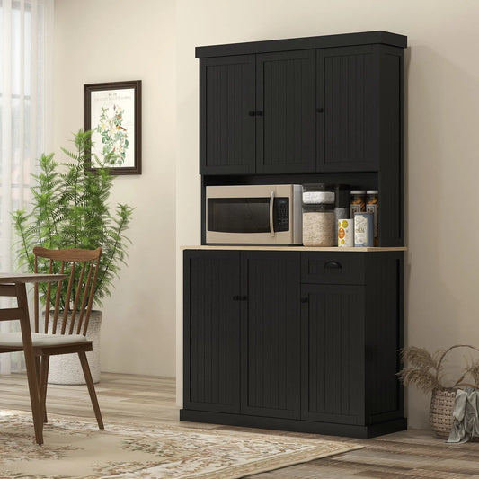 71 Inch Kitchen Pantry Buffet Hutch Cabinet Microwave Stand, Black Kitchen Pantry Cabinets Black, Oak at Gallery Canada