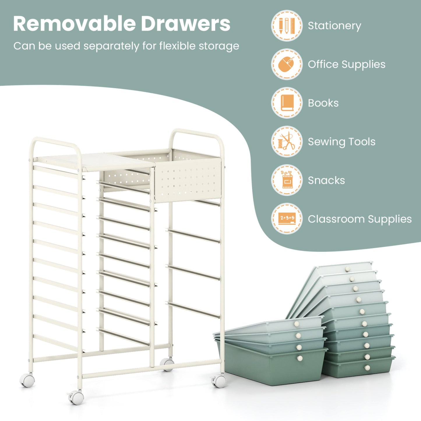 14-Drawer Rolling Storage Cart, Metal Tabletop, Pegboard, Green File Cabinets at Gallery Canada