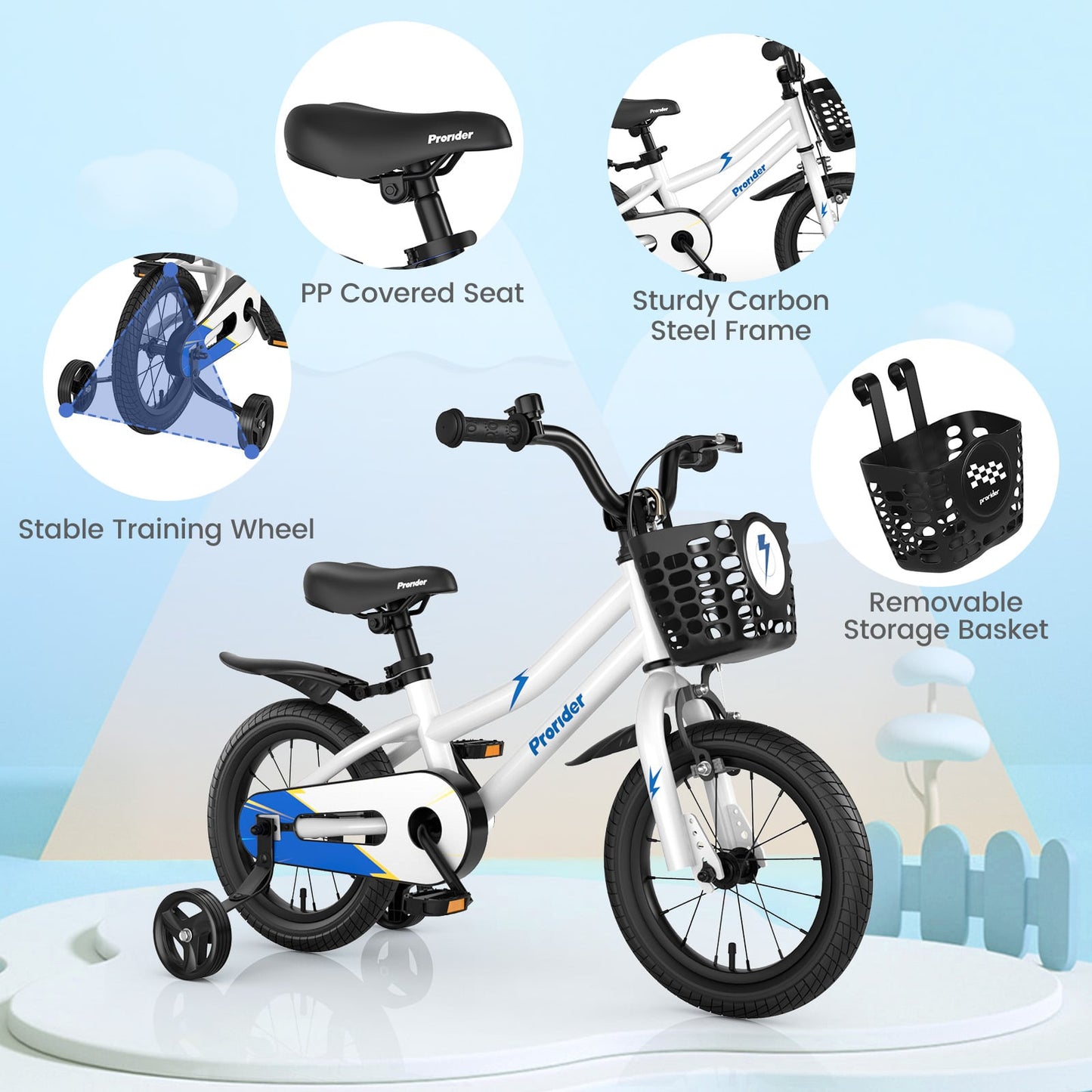 Vélo pour enfants 14 pouces, réglable, 2 roues stabilisatrices, 3-5 ans, blanc