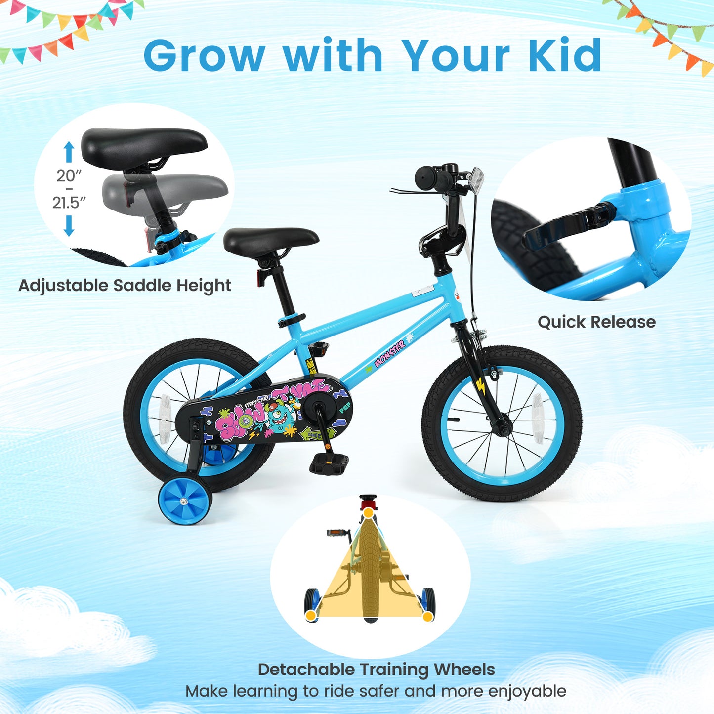 14 Inch Kids Bike with Training Wheels for Ages 3-5 Years Old Blue- Street Art Time, Blue Kids Bike at Gallery Canada